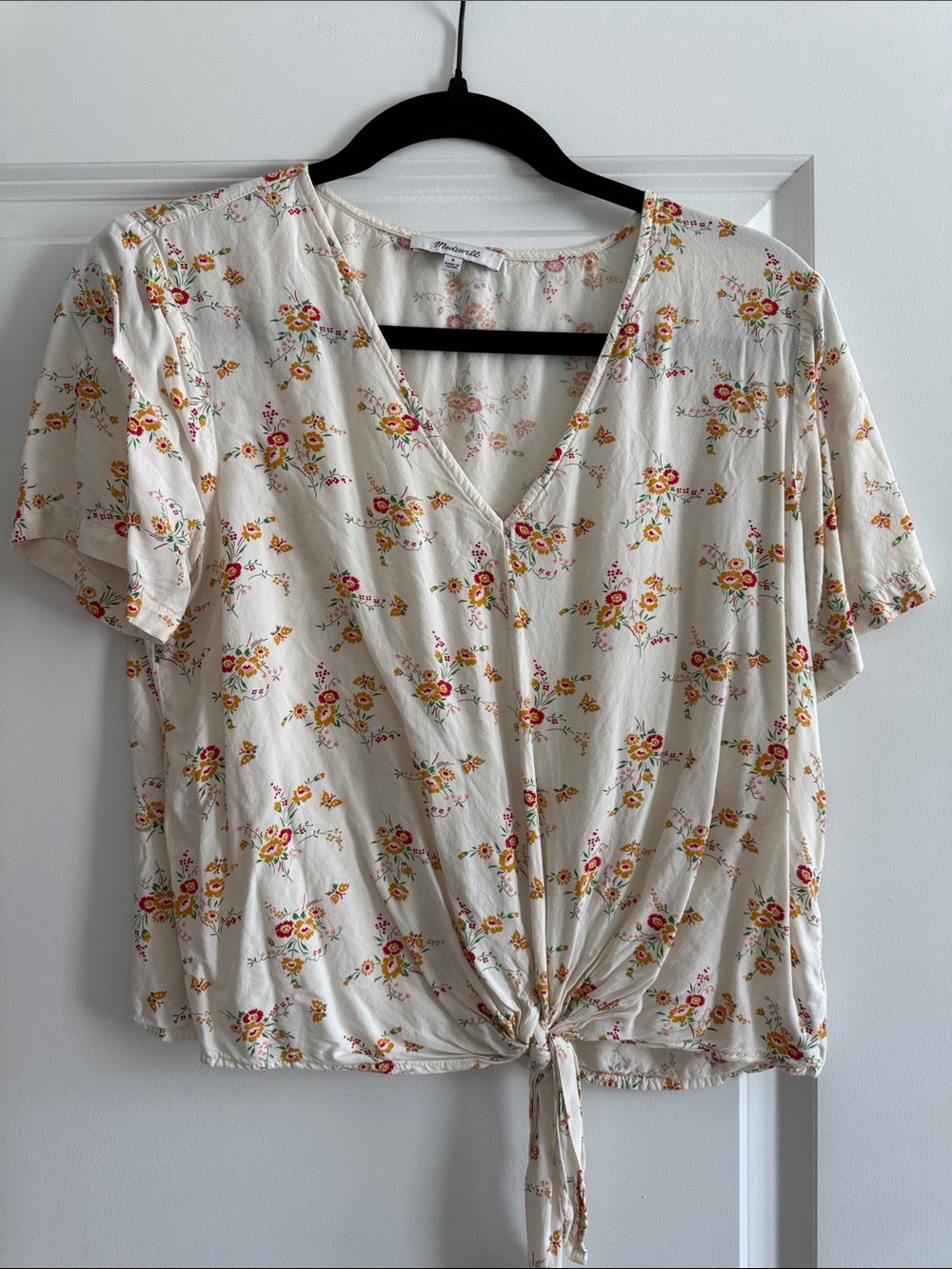Floral Tie-Front V-Neck Top - Cream with Red & Yellow Floral Print